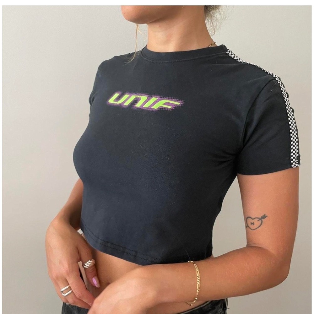 A19 UNIF Women Black Crop Top Neon Green Pink Logo Checkerboard Racing Stripe S